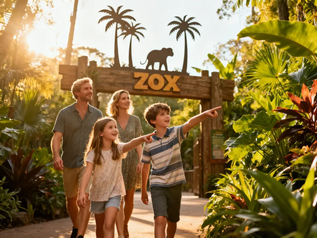 Szczęśliwa czteroosobowa rodzina wchodzi do zoo, wskazując z radością na egzotyczną roślinność w słoneczny dzień.